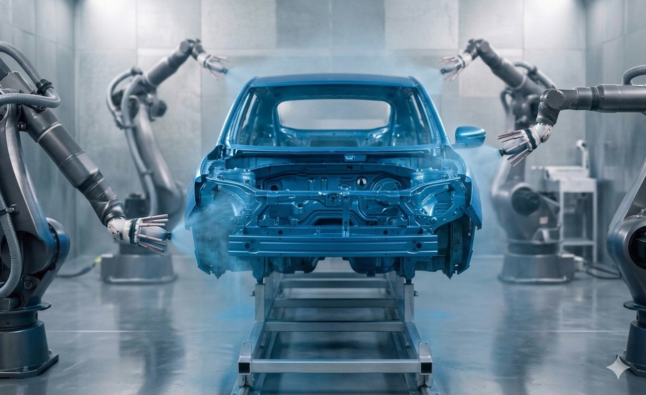 Robotic arms applying blue paint to a car body in an automated automotive paint shop
